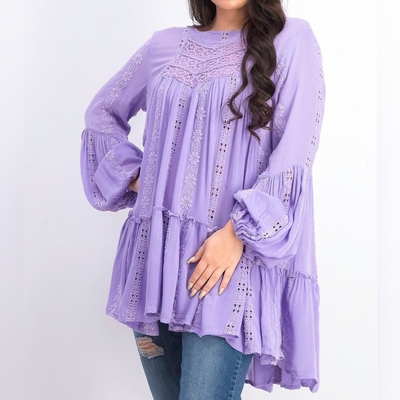 Free People Kiss Kiss Embroidered Purple Amethyst Eyelet Tunic Dress Size Medium - Picture 1 of 15